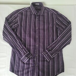 Bugatchi Uomo Size L Purple Striped Button Front Dress Shirt Long Sleeve